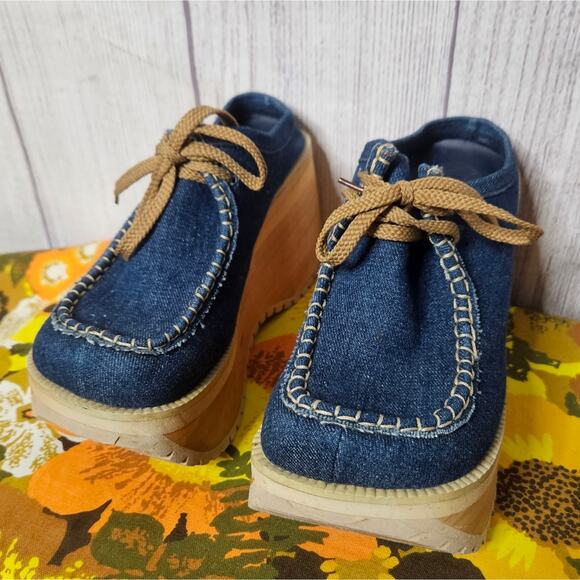 VTG Y2K Chunky Foam Wedge Denim Slip On Platforms, NATURE BREEZE - sz 6 - Picture 3 of 7